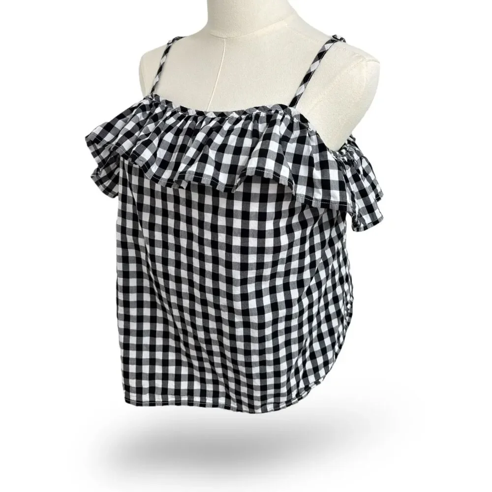 A New Day Cute Off-the-Shoulder Black/White Gingham Ruffle Top Wm Sz XL EUC‎